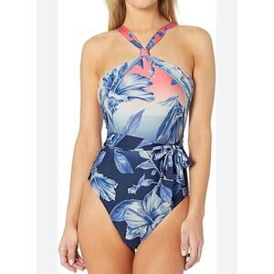 La Blanca Ombre Floral High Neck Swimsuit One Piece Belted